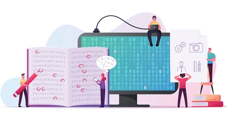 Cartoon illustration showing small figures alongside a large monitor and notebook with programming instructions to connote concept of coding