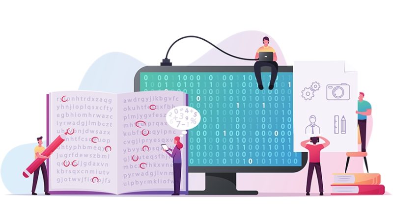 Cartoon illustration showing small figures alongside a large monitor and notebook with programming instructions to connote concept of coding