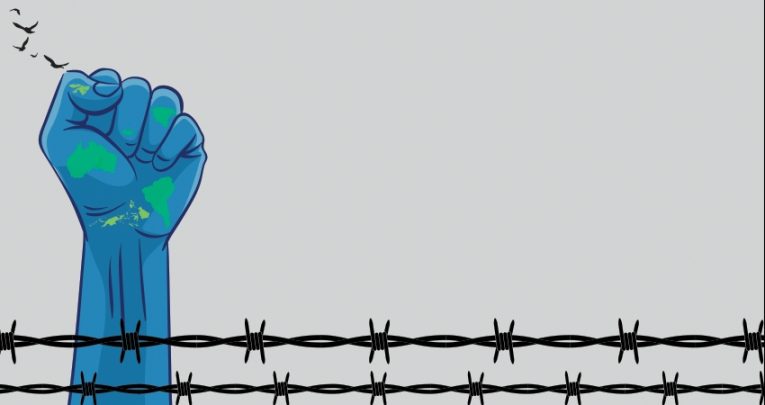illustration of a fist raised above barbed wire to convey notion of modern conflict