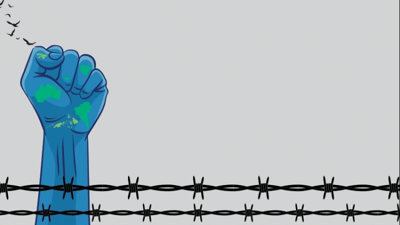 illustration of a fist raised above barbed wire to convey notion of modern conflict