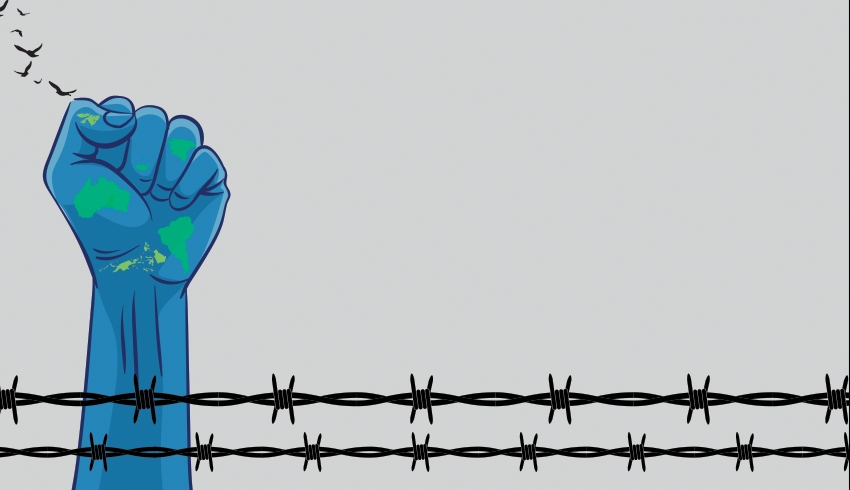 illustration of a fist raised above barbed wire to convey notion of modern conflict