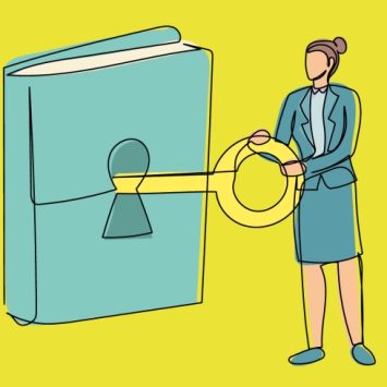 Illustration of teacher turning key in book, representing Gove education reforms