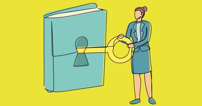 Illustration of teacher turning key in book, representing Gove education reforms