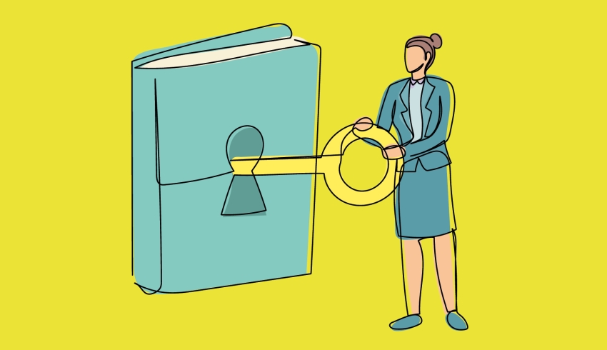 Illustration of teacher turning key in book, representing Gove education reforms