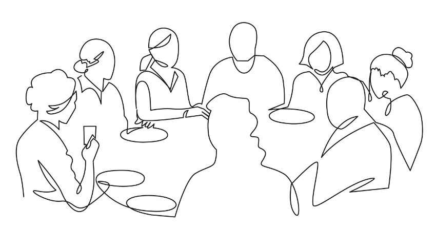 Continuous line drawing of  people round a table