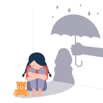 Cartoon of sad child with shadow of someone holding umbrella over her