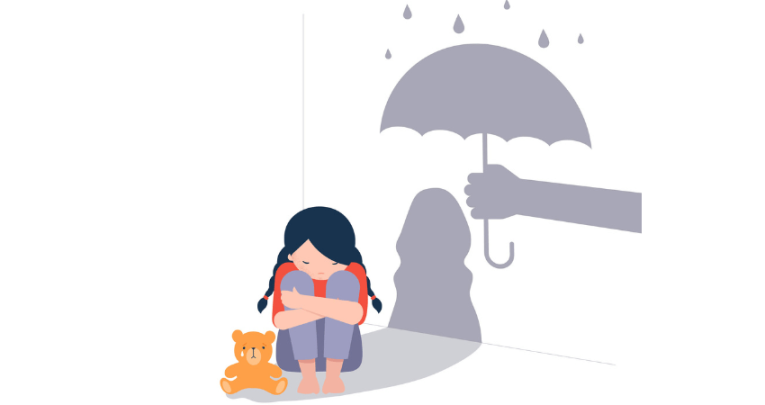 Cartoon of sad child with shadow of someone holding umbrella over her