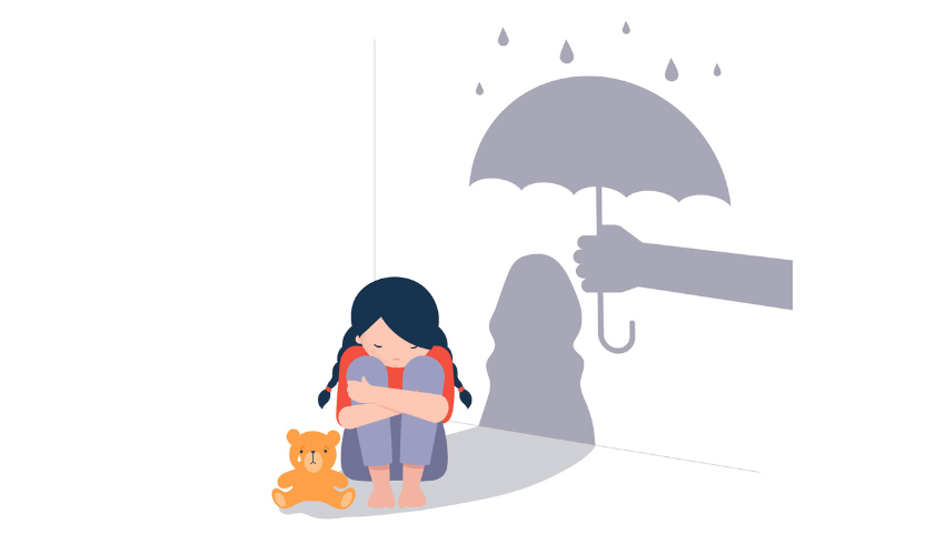 Cartoon of sad child with shadow of someone holding umbrella over her