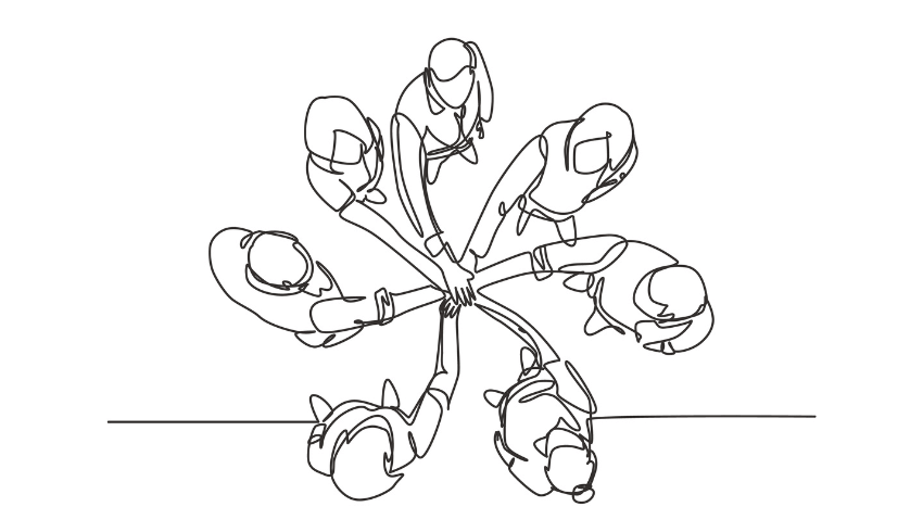 Line drawing of a team huddle