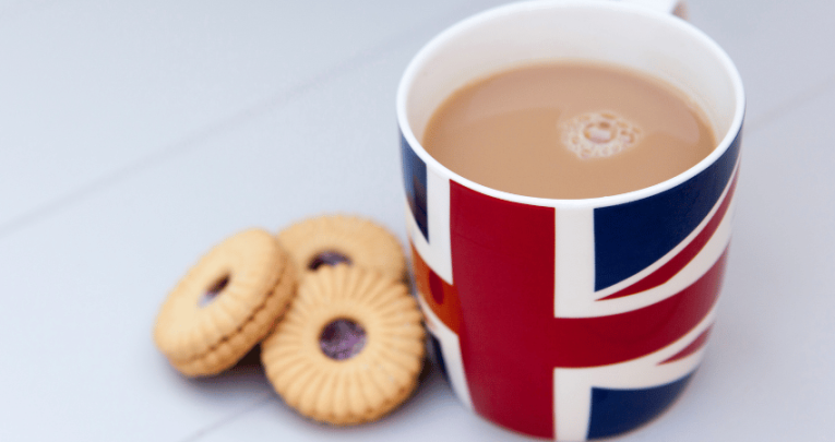 Union Jack mug and biscuits, representing British values in schools