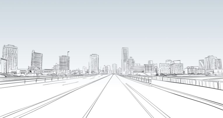 Sketch illustration of a road stretching out towards a cityscape horizon, representing careers advice for students