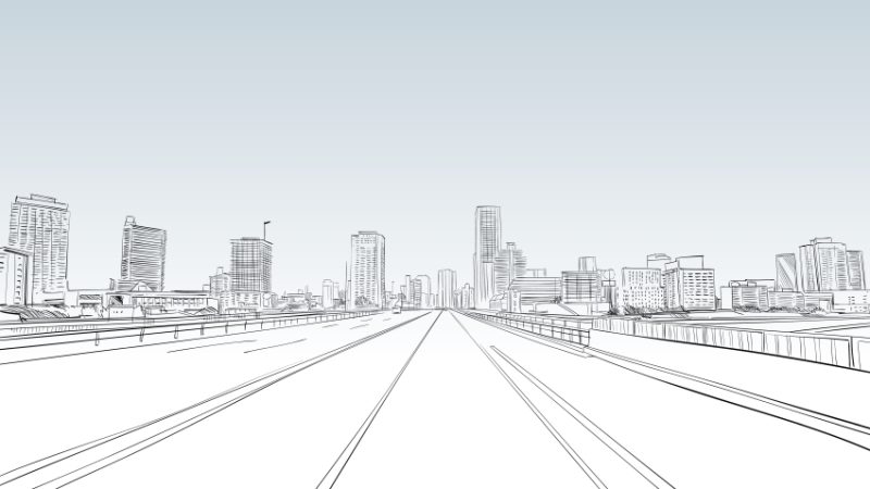 Sketch illustration of a road stretching out towards a cityscape horizon, representing careers advice for students