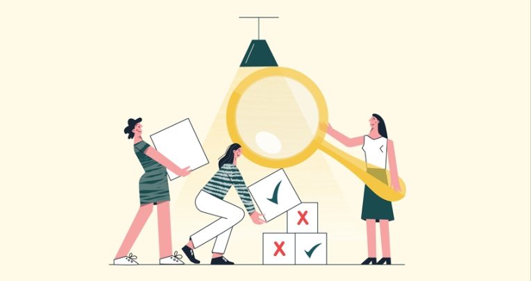 Illustration showing teachers building a structure out of blocks labelled with ticks and crosses to convey notion of weighing up true and false claims of educational research