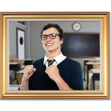 Photo of excited teenage boy in classroom, visibly contained within a gold picture frame, representing the idea of framing