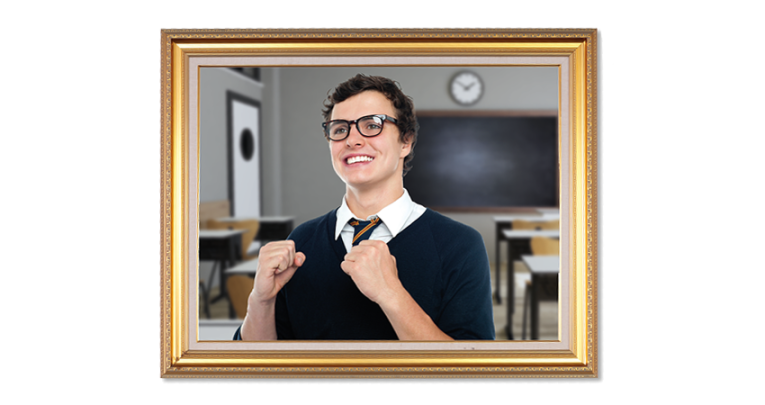 Photo of excited teenage boy in classroom, visibly contained within a gold picture frame, representing the idea of framing