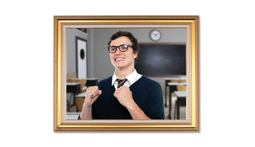 Photo of excited teenage boy in classroom, visibly contained within a gold picture frame, representing the idea of framing