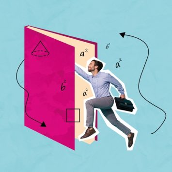 Collage illustration of man appearing to physically jump inside a maths textbook, representing interdepartmental collaboration