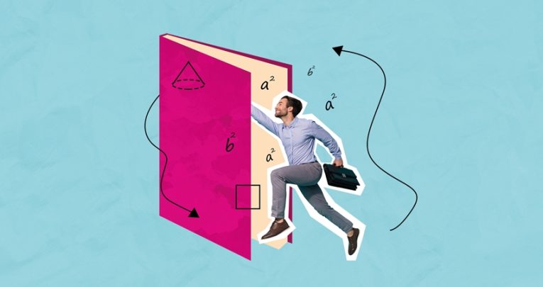 Collage illustration of man appearing to physically jump inside a maths textbook, representing interdepartmental collaboration