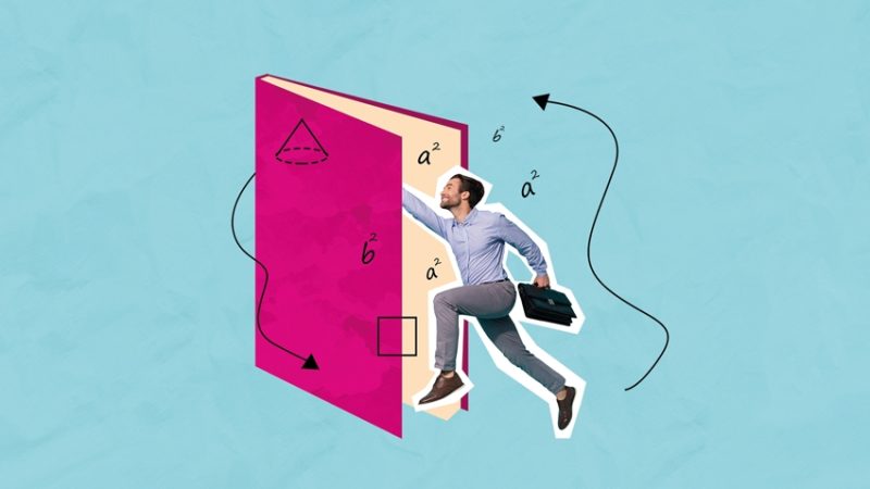 Collage illustration of man appearing to physically jump inside a maths textbook, representing interdepartmental collaboration