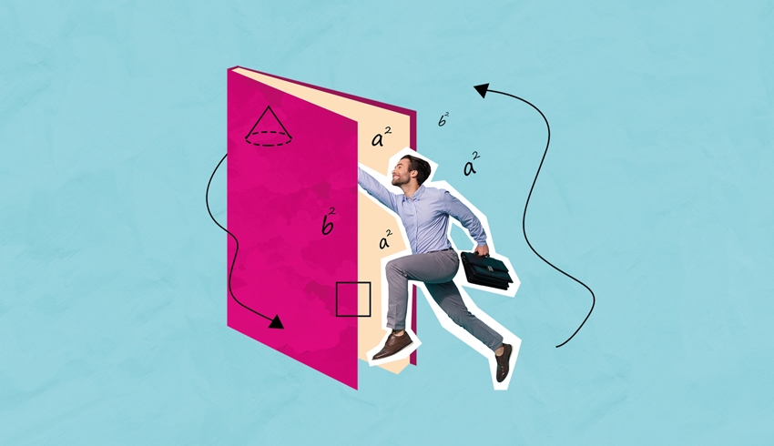 Collage illustration of man appearing to physically jump inside a maths textbook, representing interdepartmental collaboration