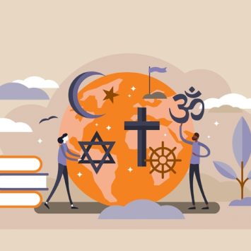 Illustration showing figures and assorted iconography to connote concept of religious education