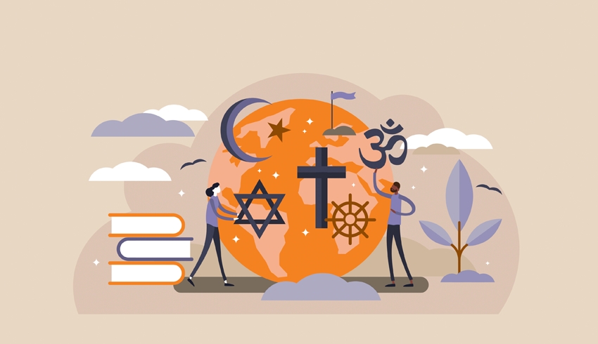 Illustration showing figures and assorted iconography to connote concept of religious education