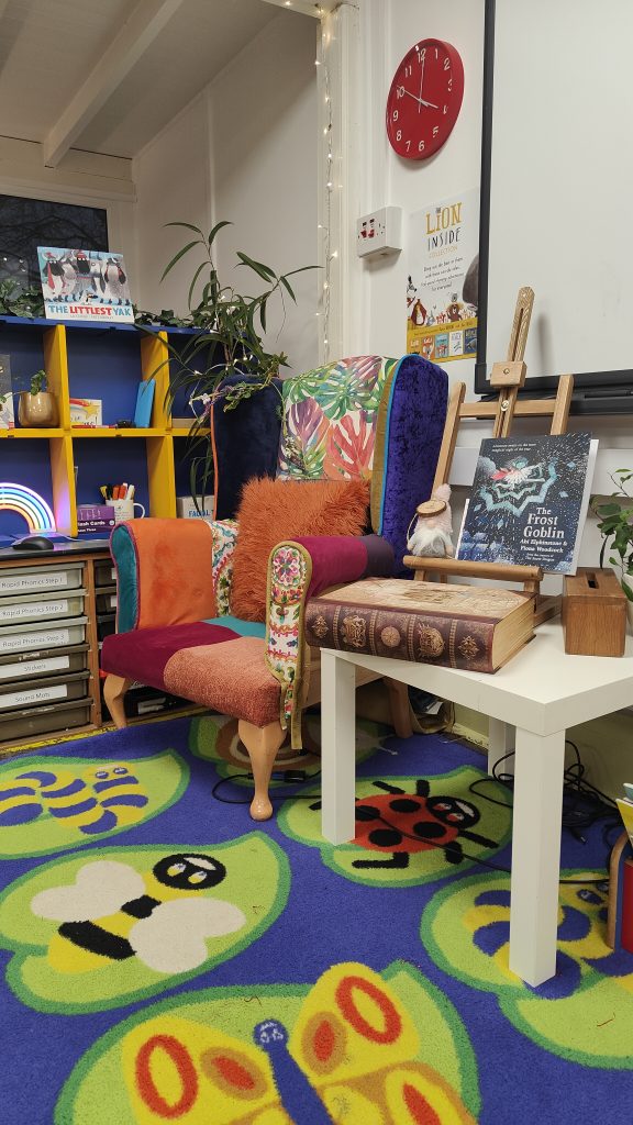 A colourful armchair in a library space