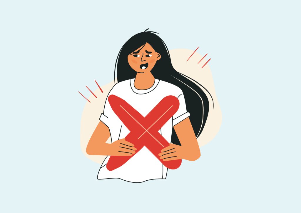 Cartoon illustration of teenage girl holding a large red 'x' to connote student absence