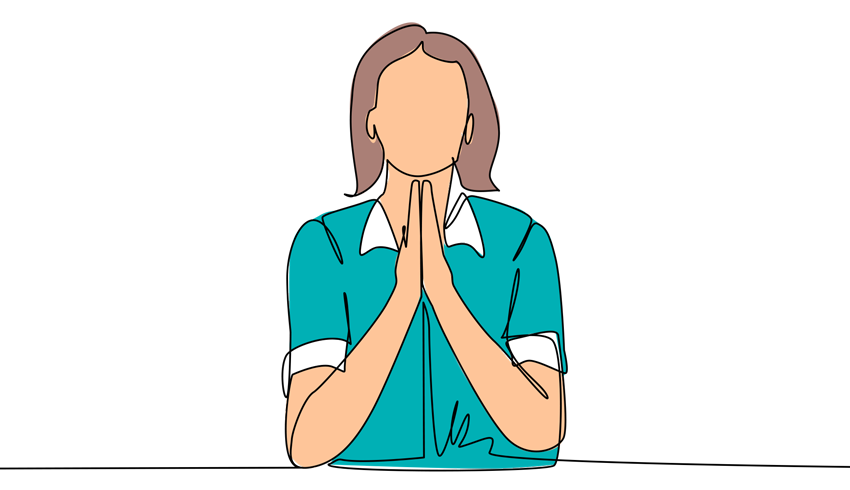 Abstract sketch illustration of a young female figure with hands clasped in prayer, representing faith schools