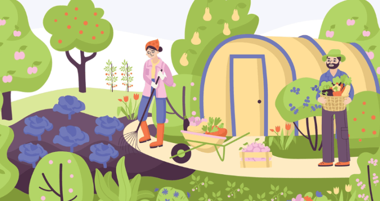 Cartoon of two gardeners, representing gardening in schools