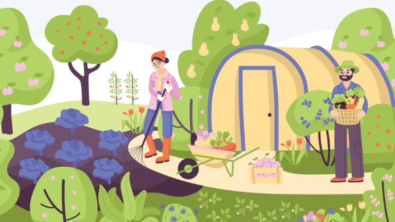 Cartoon of two gardeners, representing gardening in schools