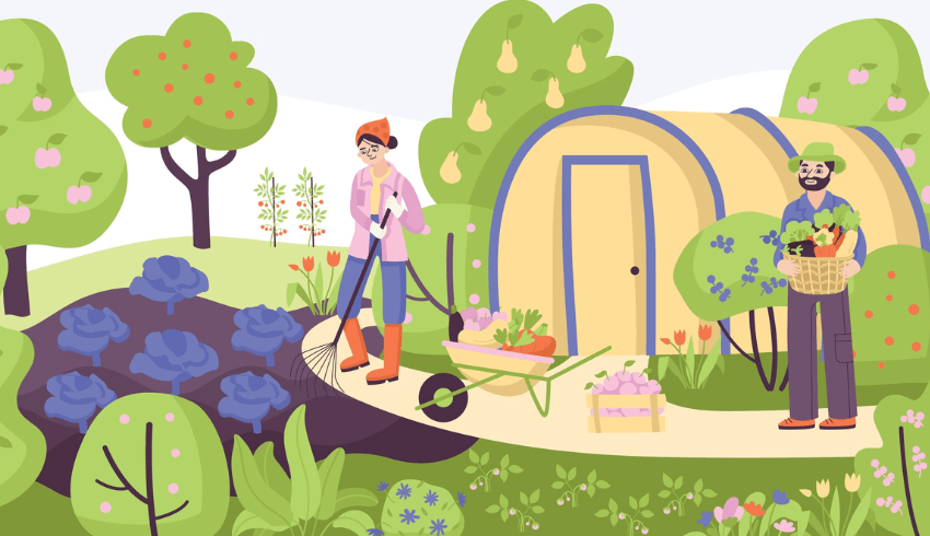 Cartoon of two gardeners, representing gardening in schools