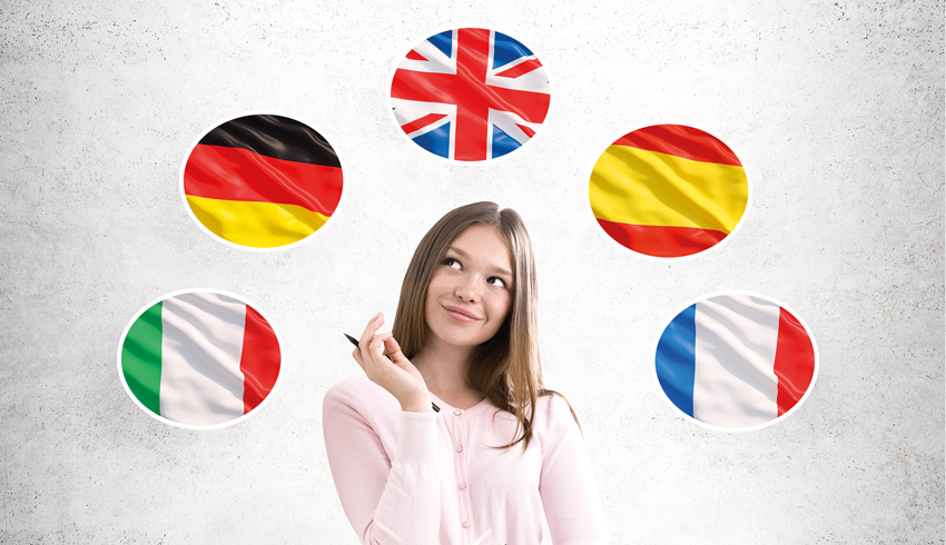 Photo of teenage girl pointing to oval-shaped graphics of different national flags