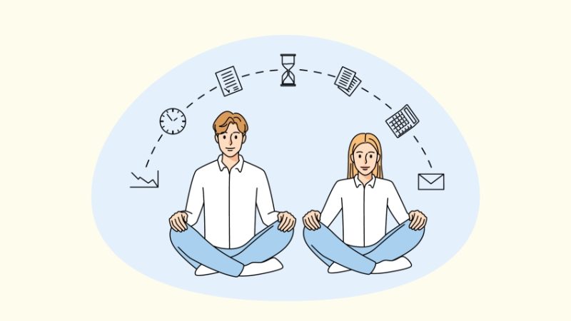 Cartoon illustration of two adults sitting in the lotus position