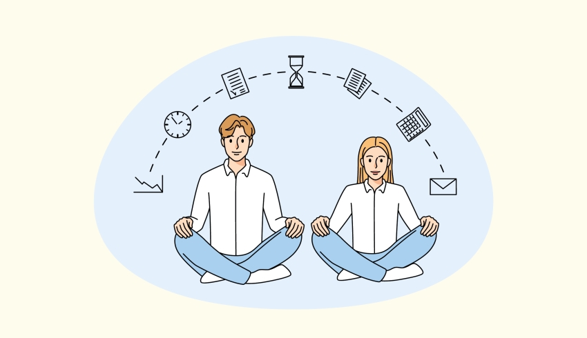 Cartoon illustration of two adults sitting in the lotus position, representing overcoming teacher stress