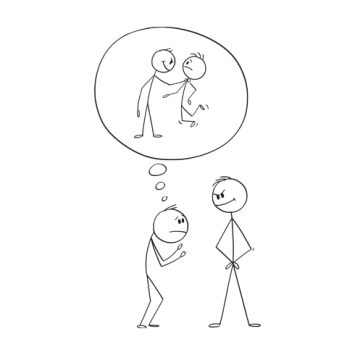 Two stick figures acting out the scenario of a student trying to conceal their involvement in a bullying incident, representing zero tolerance