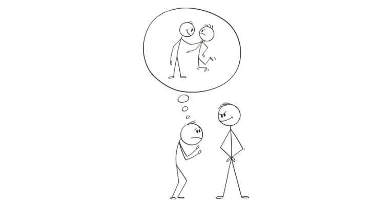 Two stick figures acting out the scenario of a student trying to conceal their involvement in a bullying incident, representing zero tolerance