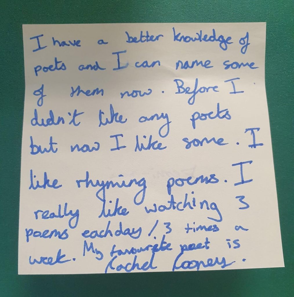 Child's note about how they now like some poets and like rhyming poems