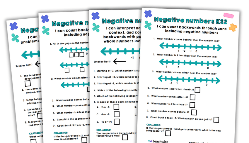 Negative numbers worksheets for KS2