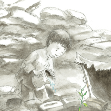 Drawing of a child growing a seedling among rubble, representing books about wars
