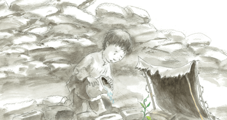 Drawing of a child growing a seedling among rubble, representing books about wars