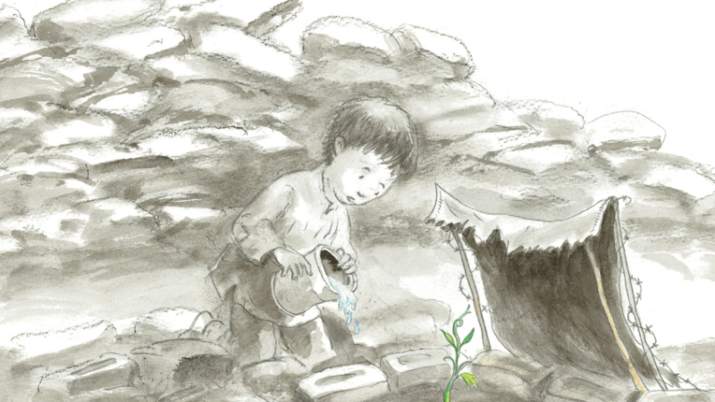 Drawing of a child growing a seedling among rubble