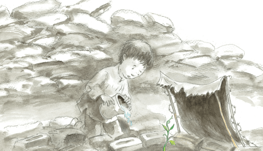 Drawing of a child growing a seedling among rubble, representing books about wars