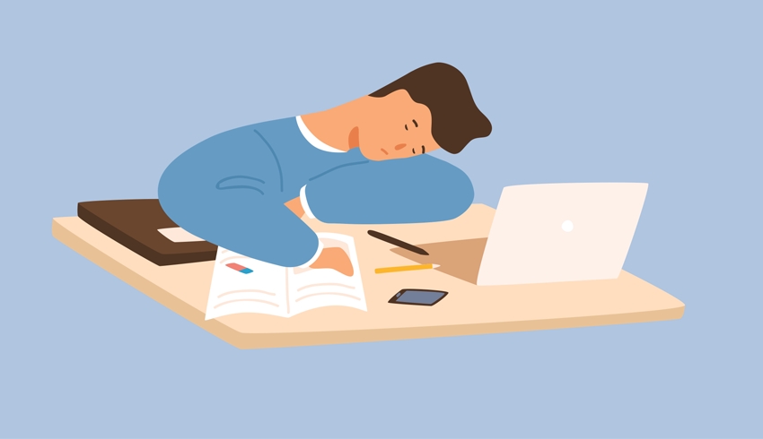 Cartoon illustration of a male student doing exam revision and falling asleep