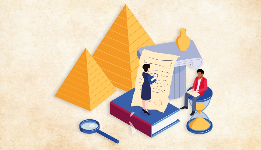 Cartoon illustration depicting pyramids, a magnifying glass, books and human figures to convey concept extracurricular activities in history