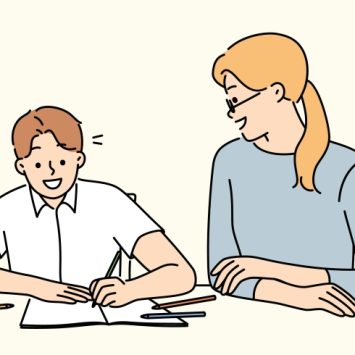 Cartoon illustration showing a one-to-one learning session between a student and educator