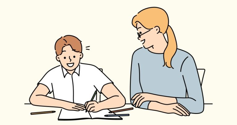 Cartoon illustration showing a one-to-one learning session between a student and educator, representing high achievers