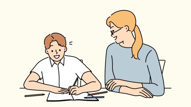 Cartoon illustration showing a one-to-one learning session between a student and educator, representing high achievers