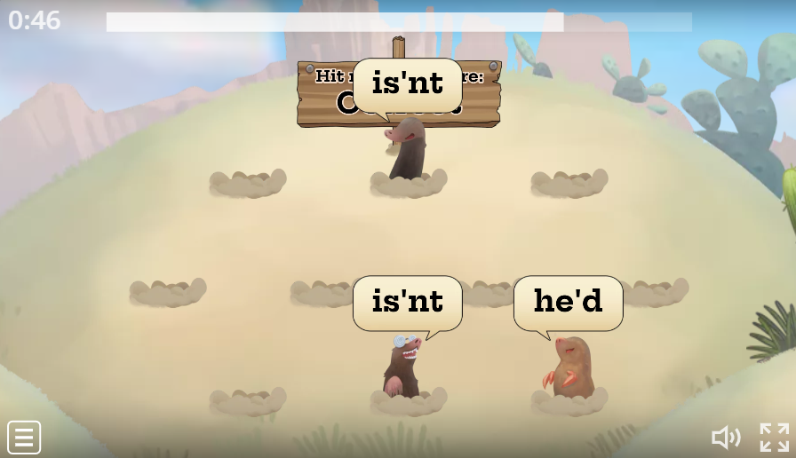 Whack-a-mole apostrophes for contractions game