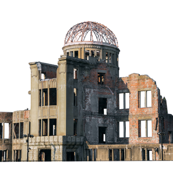 Isolated photo of The Hiroshima Peace Memorial (Genbaku Dome), representing the idea of nuclear education